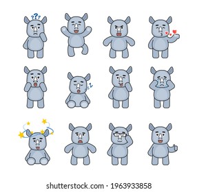Cute rhino emoticons showing various emotions. Rhino mascot thinking, angry, crying, in love, sleeping and showing other expressions. Modern vector illustration