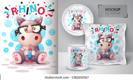 Cute rhino with fish- mockup for your idea. Vector eps 10