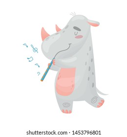 Cute rhino with flute. Vector illustration on white background.