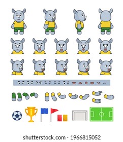 Cute rhino football player creation kit. Create your own action, animation, pose. Modern vector illustration