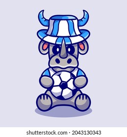 cute rhino football supporter with ball and hat, suitable for football fans t-shirt or animal icon design