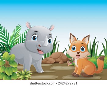 Cute rhino and fox cartoon in the forest