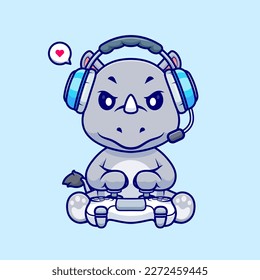 Cute Rhino Gaming Cartoon Vector Icon Illustration. Animal Technology Icon Concept Isolated Premium Vector. Flat Cartoon Style