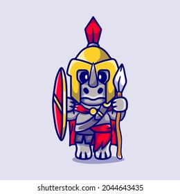 cute rhino gladiator spartan with shield and spear, suitable for t-shirt designs or cute animal spartan mascots