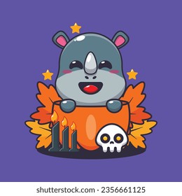 Cute rhino in halloween pumpkin. Cute halloween cartoon illustration.