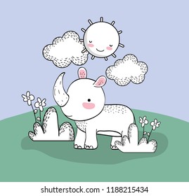 cute rhino with happy sun and clouds