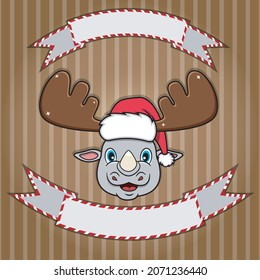 Cute Rhino Head With Christmas Hat. Blank label and banner. Character, Mascot and Icon. vector and Illustration.
