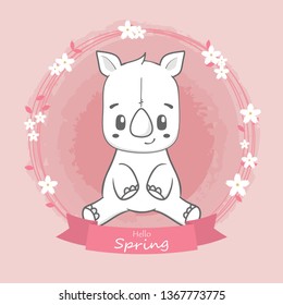 Cute rhino hello spring cartoon hand drawn vecter illustration. Use for greeting and invitation card.