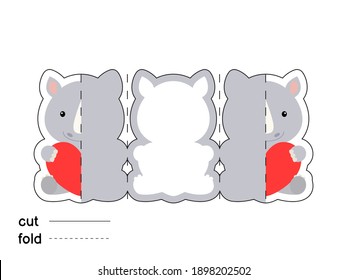 Cute rhino hold heart. Fold long greeting card template. Great for St. Valentine day, birthdays, baby showers. Printable color scheme. Print, cut out, fold. Colorful vector stock illustration.