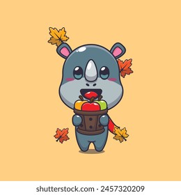 Cute rhino holding a apple in wood bucket. Mascot cartoon vector illustration suitable for poster, brochure, web, mascot, sticker, logo and icon.