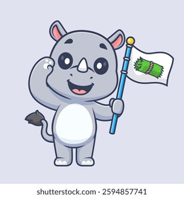 Cute Rhino Holding Grass Flag Cartoon Vector Icon Illustration. Animal Nature Icon Concept Isolated Premium Vector. Flat Cartoon Style