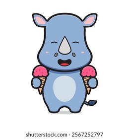 Cute rhino holding ice cream character cartoon icon illustration. Design isolated flat cartoon style