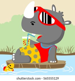 Cute rhino holding soft drink wearing eyeglasses relaxing in the swamp with a fish, vector cartoon illustration
