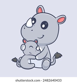 Cute Rhino Hug Baby Rhino Cartoon Vector Icon Illustration. Animal Nature Icon Concept Isolated Premium Vector. Flat Cartoon Style