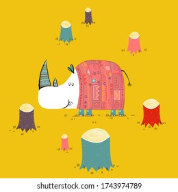 Cute rhino illustration collection with tree stems. Cartoon set isolated. EPS10 vector file.