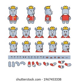 Cute rhino king character creation kit. Create your own action, animation, pose. Modern vector illustration