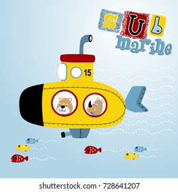 cute rhino and leopard in submarine undersea with fish, vector cartoon illustration