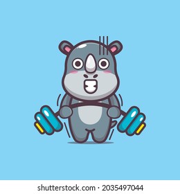 Cute rhino lifting barbell. Cute animal cartoon illustration. Flat isolated vector illustration for posters, brochures, web, mascots, stickers, logos and icons.
