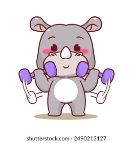Cute Rhino Lifting Dumbbell Cartoon Vector Illustration. Adorable Kawaii Animal Character Icon Mascot Concept Design. Isolated White Background.