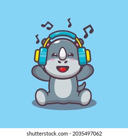 Cute rhino listening to music with headphones. Cute animal cartoon illustration. Flat isolated vector illustration for posters, brochures, web, mascots, stickers, logos and icons.