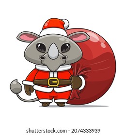 cute rhino mascot, carrying red bundle bag and wearing santa claus costume, cute animal character wearing christmas costume, front view. kawaii and shiny style, perfect for christmas content