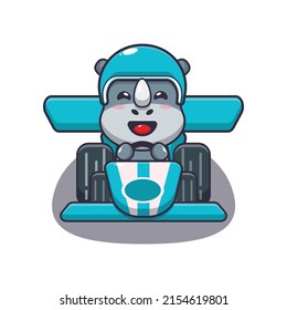 cute rhino mascot cartoon character riding race car