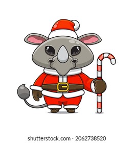 Cute and cute rhino mascot, holding candy cane, wearing santa claus costume, cartoon animal character with sparkling eyes, front view. kawaii styles, flats, for kids and adults, for stickers. 