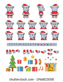Cute rhino mascot in red santa outfit creation kit. Create your own action, animation, pose. Modern vector illustration