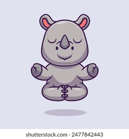 Cute Rhino Meditation Yoga Cartoon Vector Icon Illustration. Animal Sport Icon Concept Isolated Premium Vector. Flat Cartoon Style