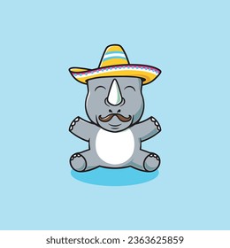 Cute rhino with mexican hat cartoon illustration