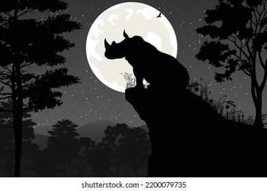 cute rhino and moon silhouette landscape