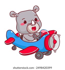 Cute Rhino on Airplane Cartoon Vector Illustration. Kawaii Adorable Animal Pilot Concept Design. Travel And Transportation Themes. Isolated White Background.