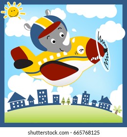 Cute rhino on funny airplane flying across buildings on blue sky clouds background with sun, vector cartoon illustration