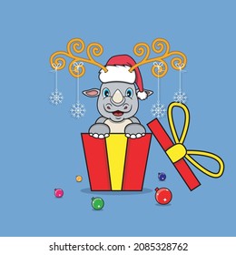 Cute Rhino On Gift with Santa Claus Hat. For Background, Template, Icon, Banner, Invitation, Greeting Card, Inspiration design and Flyer. Vector And Illustration.