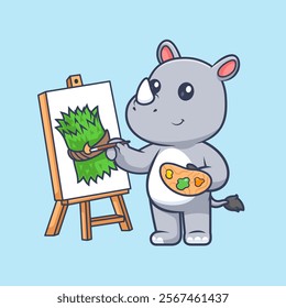 Cute Rhino Painting Grass Cartoon Vector Icon Illustration. 
Animal Art Icon Concept Isolated Premium Vector. Flat 
Cartoon Style 