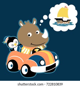 Cute rhino with penguin on a car, thinking sailboat for sailing, vector cartoon illustration