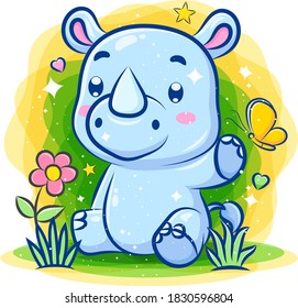 Cute Rhino Play Around The Garden Of Illustration 