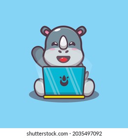 Cute rhino play a laptop. Cute animal cartoon illustration. Flat isolated vector illustration for posters, brochures, web, mascots, stickers, logos and icons.