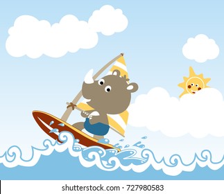 Cute rhino play windsurf in the beach, smiling sun behind clouds, vector cartoon illustration