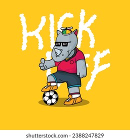 Cute Rhino playing football vector llustration, flat cartoon style