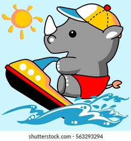 Cute rhino playing jet ski in the beach ,vector cartoon illustration