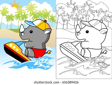 Cute rhino playing jet ski in the beach, vector cartoon, coloring book or page