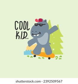 Cute rhino playing skateboad, hand drawn illustration for for fabric, textile and print