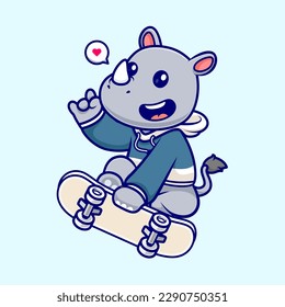 Cute Rhino Playing Skateboard With Metal Hand Cartoon Vector Icon Illustration. Animal Sport Icon Concept Isolated Premium Vector. Flat Cartoon Style