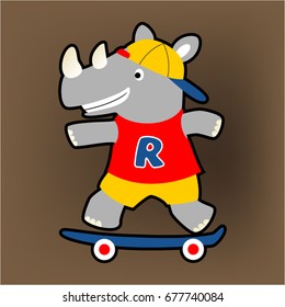 Cute rhino playing skateboard, vector cartoon illustration