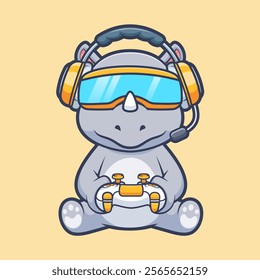 Cute Rhino Playing Vr Game With Controller Cartoon Vector 
Icon Illustration. Animal Technology Icon Concept Isolated 
Premium Vector. Flat Cartoon Style 