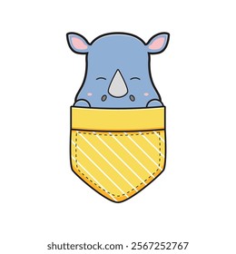 Cute rhino in the pocket character cartoon icon illustration. Design isolated flat cartoon style