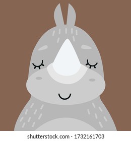 Cute rhino portrait. Animal head flat vector illustration.