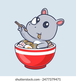 Cute Rhino In Ramen Noodle With Chopstick Cartoon Vector Icon Illustration. Animal Food Icon Concept Isolated Premium Vector. Flat Cartoon Style