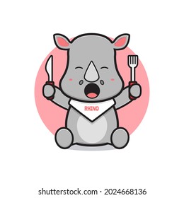 Cute rhino ready to eat cartoon icon illustration. Design isolated flat cartoon style